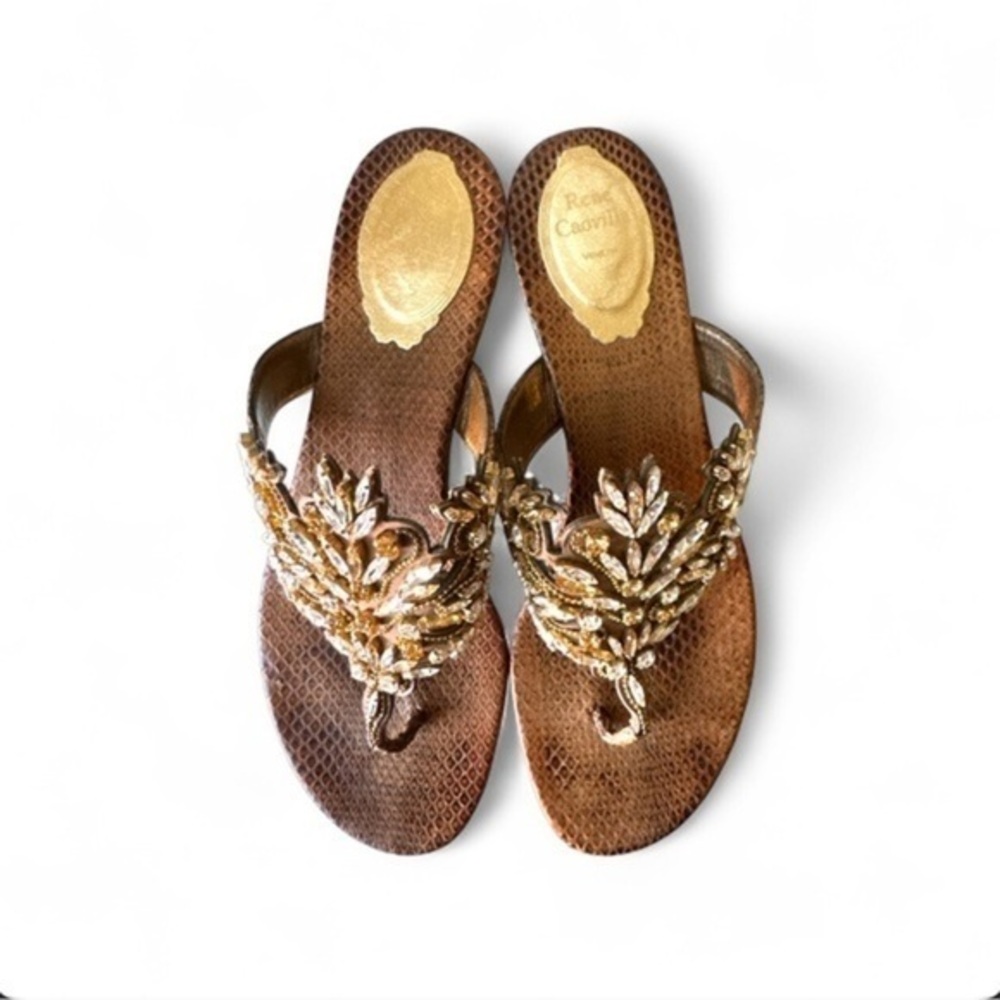 Rene Caovilla Crystal Leaf Sandals Metallic Gold Sandal Thong IT 38.5 US 8.5
